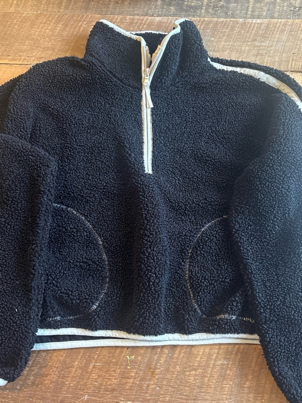 Old Navy Black Teddy Sherpa Half-Zip Jacket with White Trim